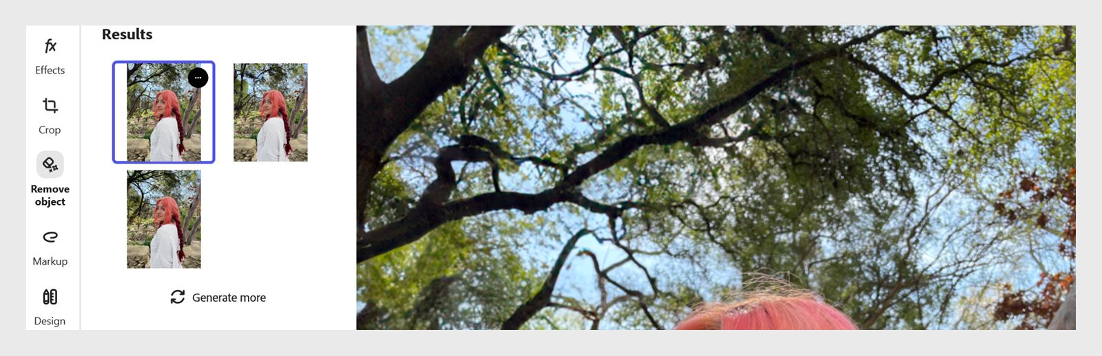 Strumento Rimuovi che mostra il pannello Risultati con più anteprime di immagini modificate sulla sinistra, dove è possibile scegliere una versione o selezionare il pulsante Genera altro per visualizzare ulteriori opzioni, e la foto principale sulla destra.