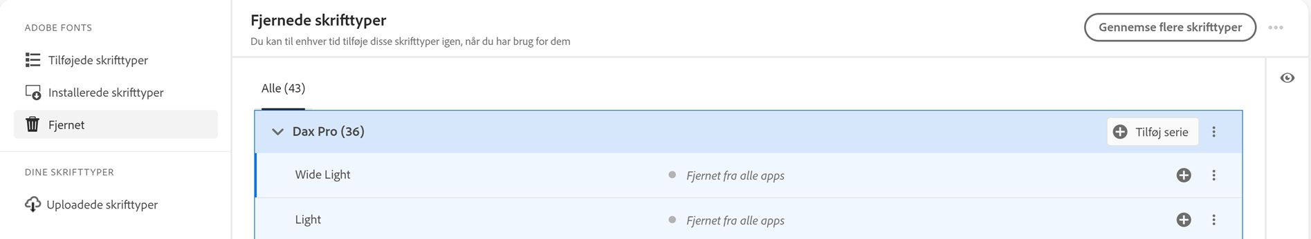Alle fjernede skrifttyper vises på fanen "Fjernet".