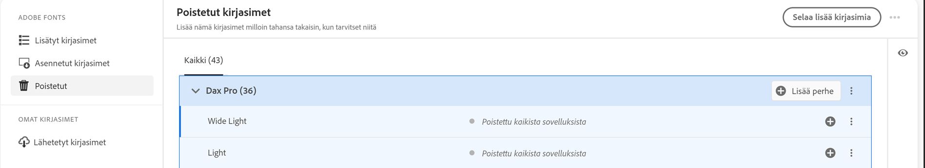 Kaikki poistetut kirjasimet näkyvät Poistetut-välilehdessä.
