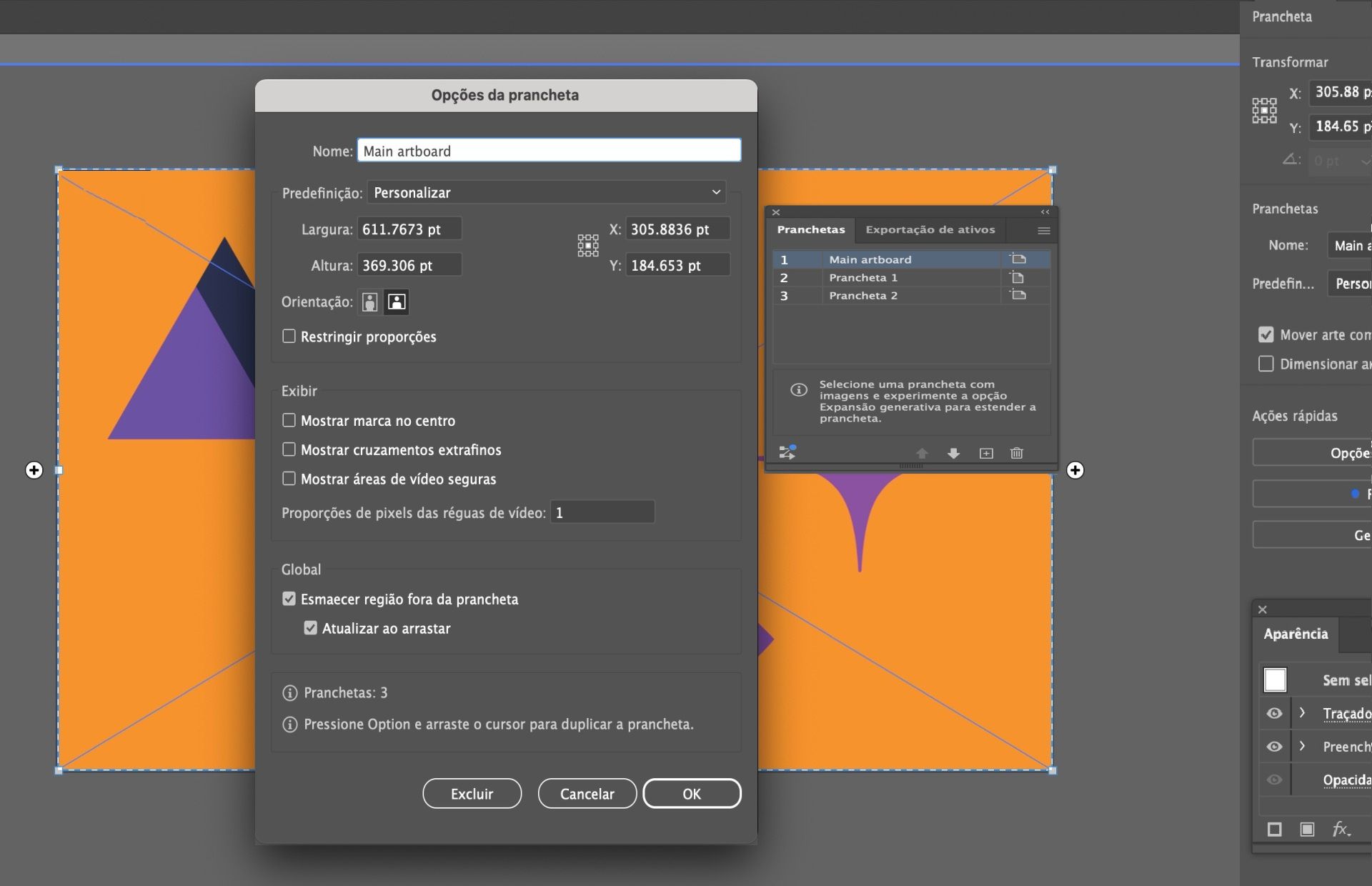 Caixa de diálogo Opções de prancheta no Illustrator com o campo de nome alterado para &quot;Prancheta principal&quot;.