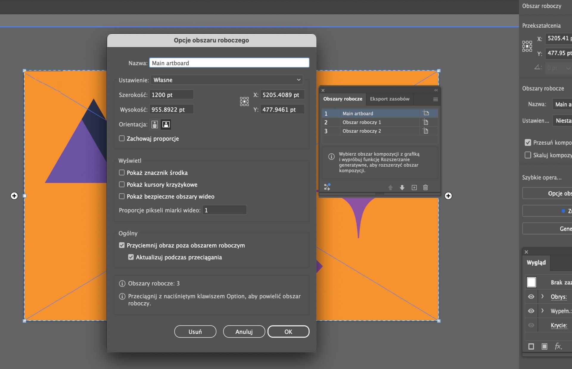 Okno dialogowe Opcje obszaru kompozycji w programie Illustrator z polem nazwy zmienionym na „Główny obszar kompozycji”.
