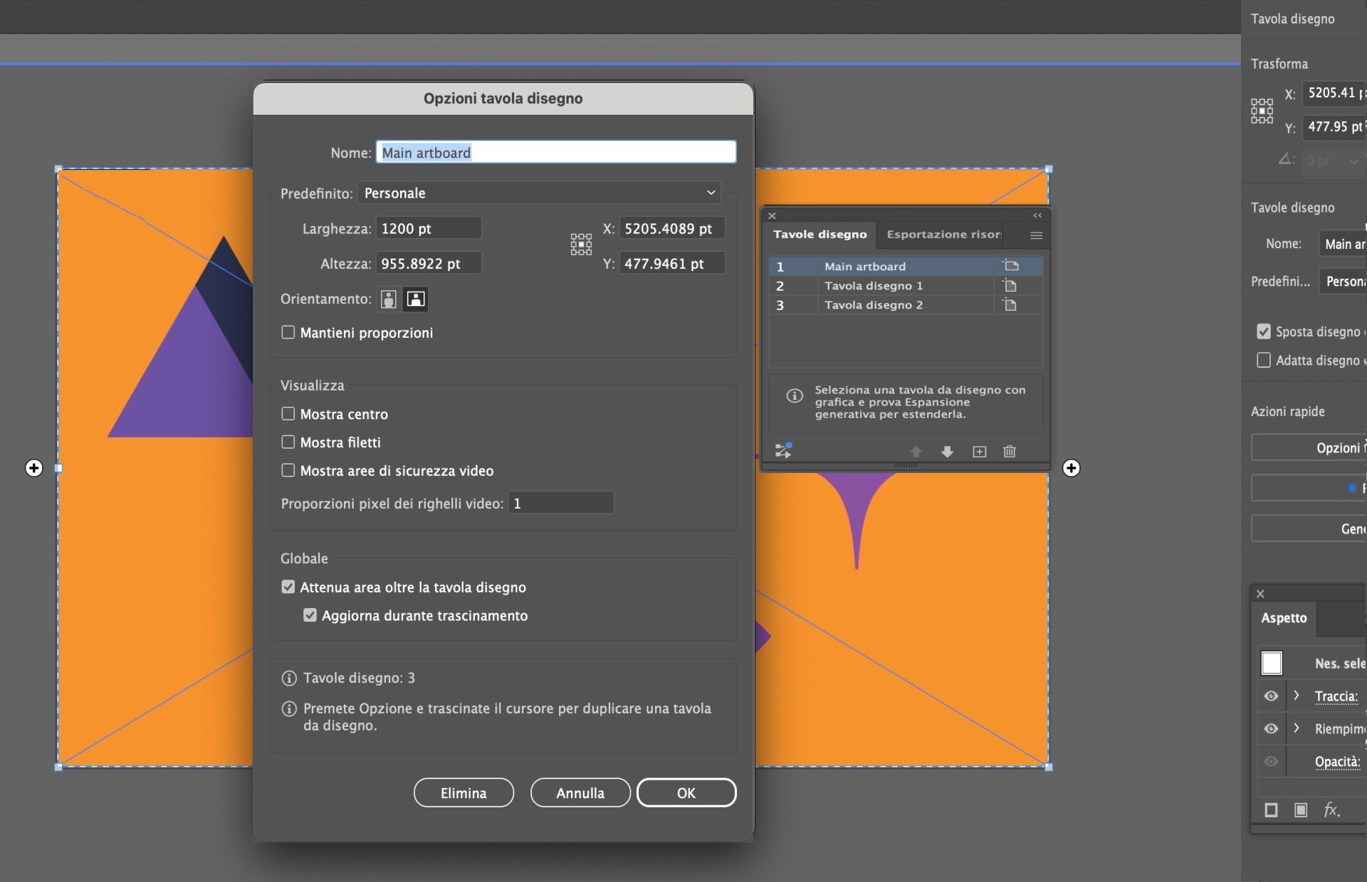 Finestra di dialogo Opzioni tavola disegno in Illustrator con il campo del nome modificato in &quot;Tavola disegno principale&quot;.