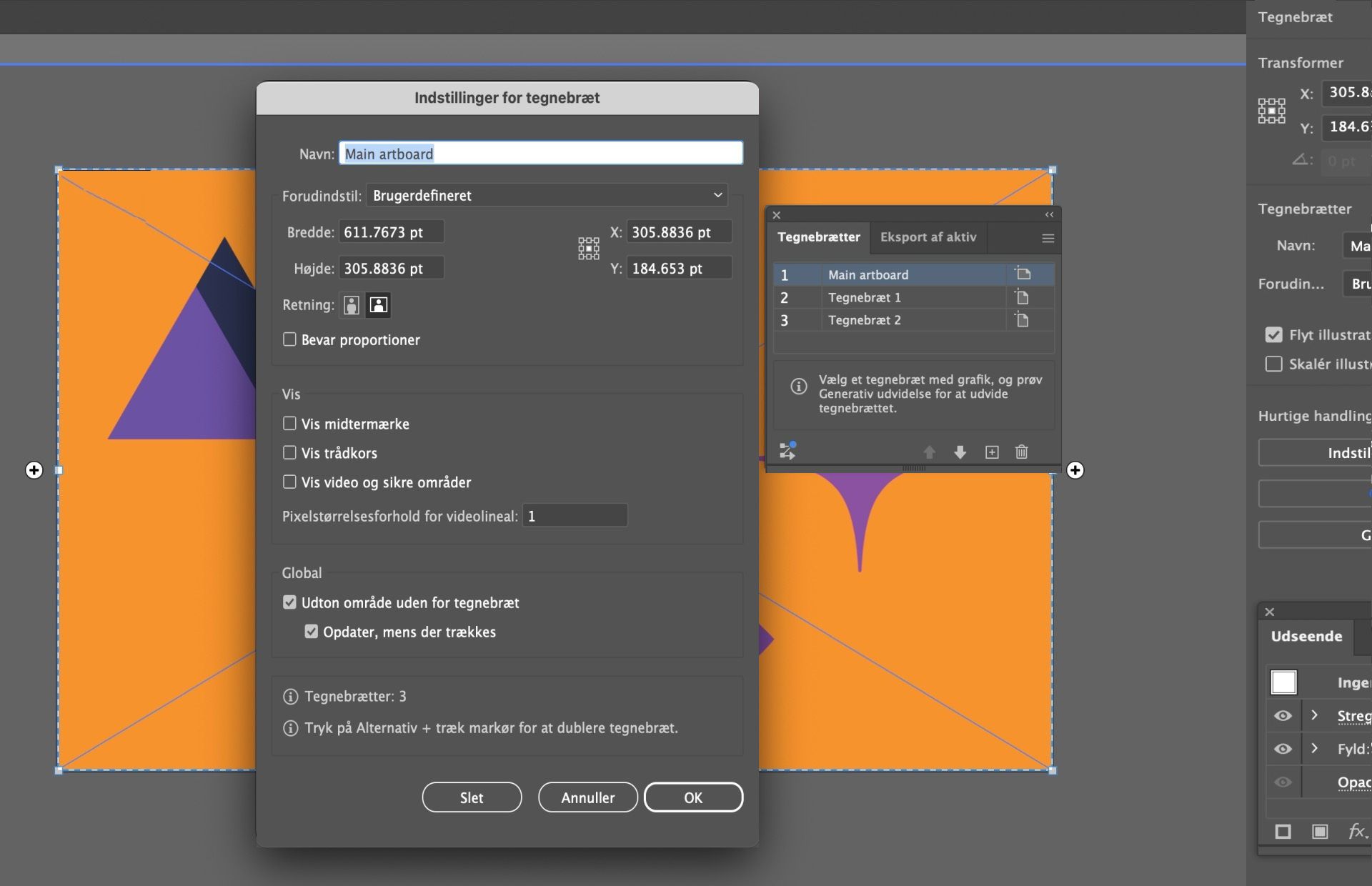 Dialogboksen Tegnebrætindstillinger i Illustrator med navnefeltet ændret til &quot;Primært tegnebræt&quot;.