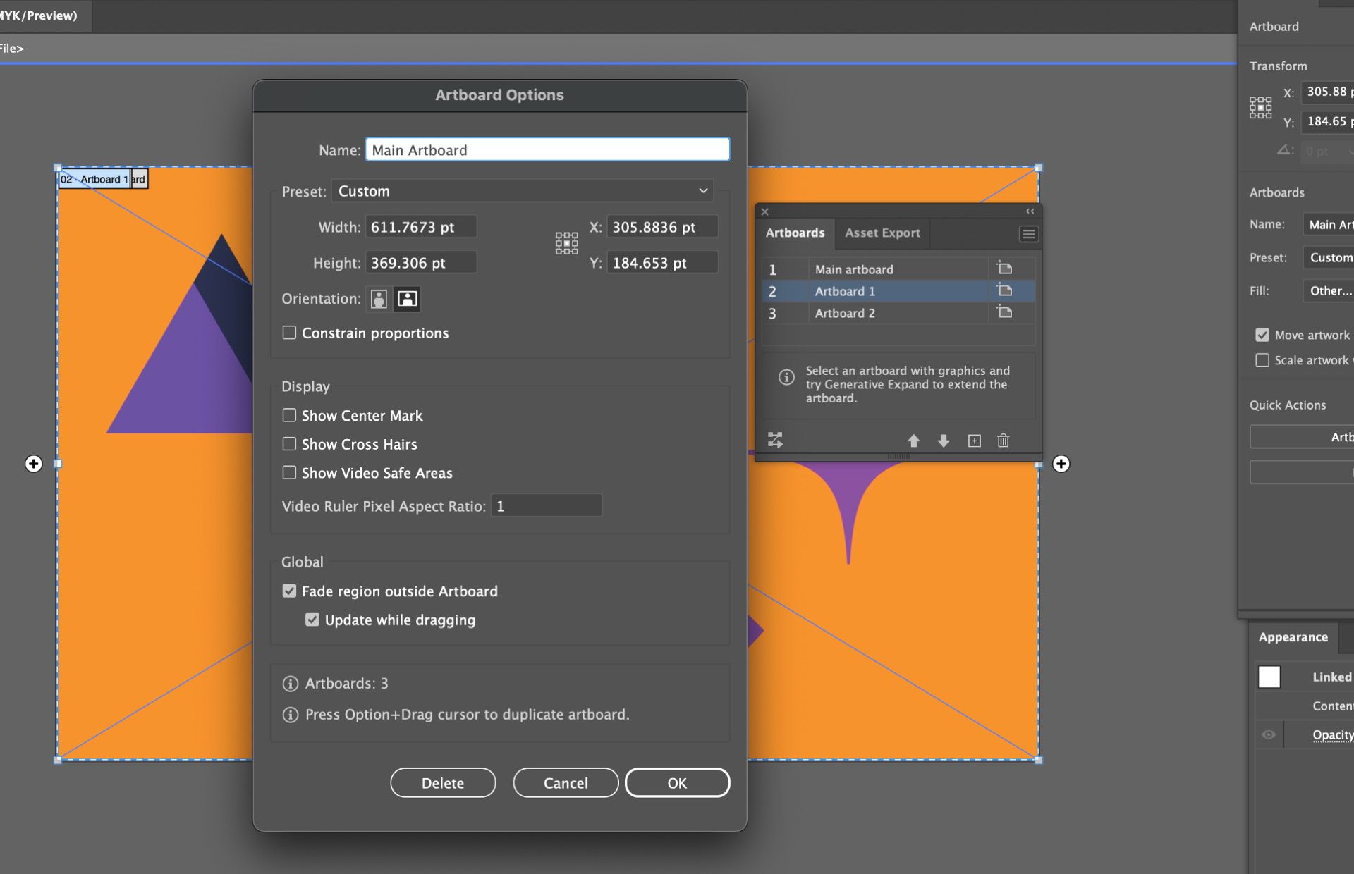 ‫תיבת הדו-שיח Artboard Options ב-Illustrator כאשר שדה השם שונה ל-&quot;Main Artboard&quot;.