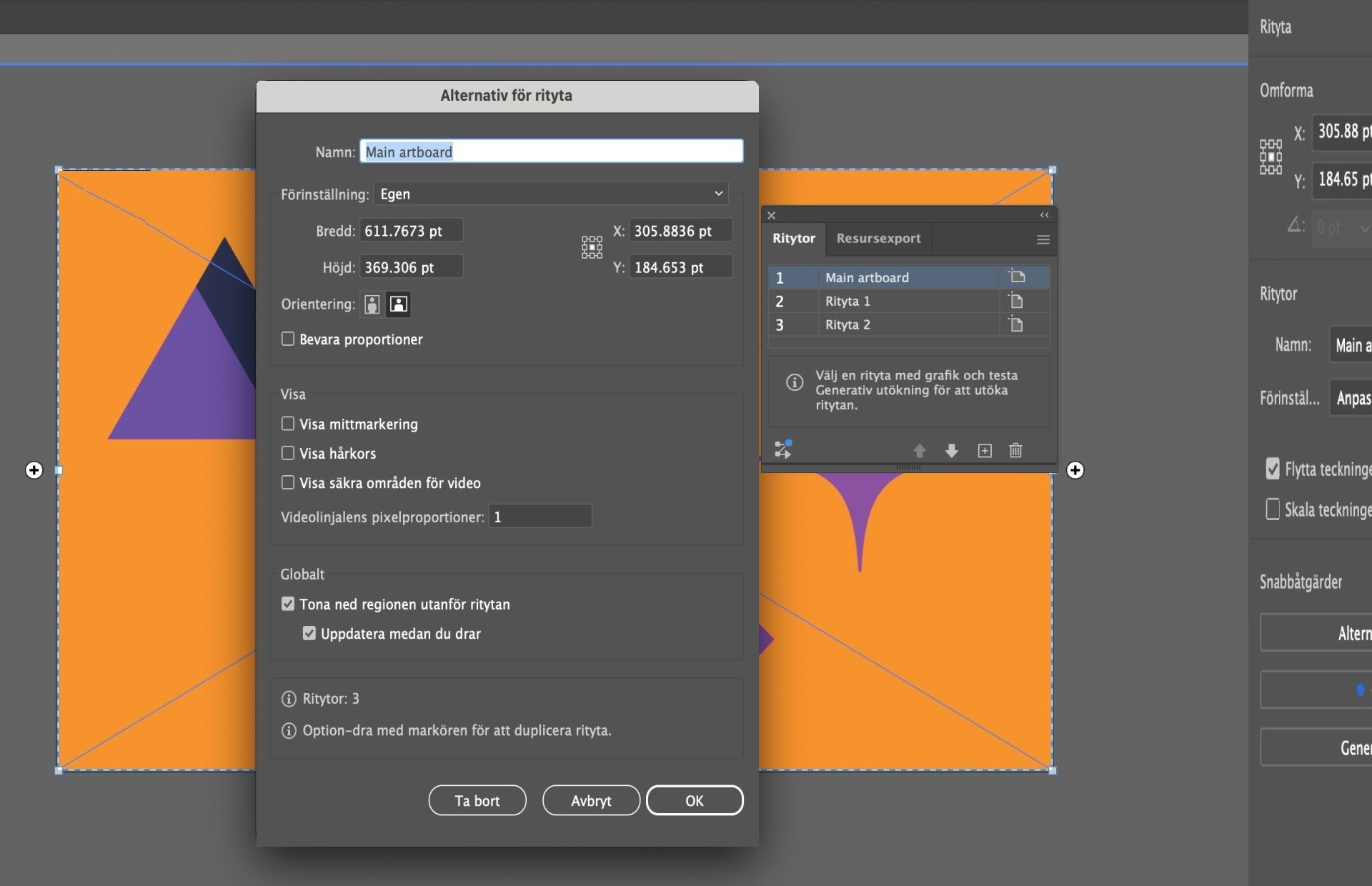 Dialogrutan Alternativ för ritytor i Illustrator med namnfältet ändrat till ”Main Artboard”.