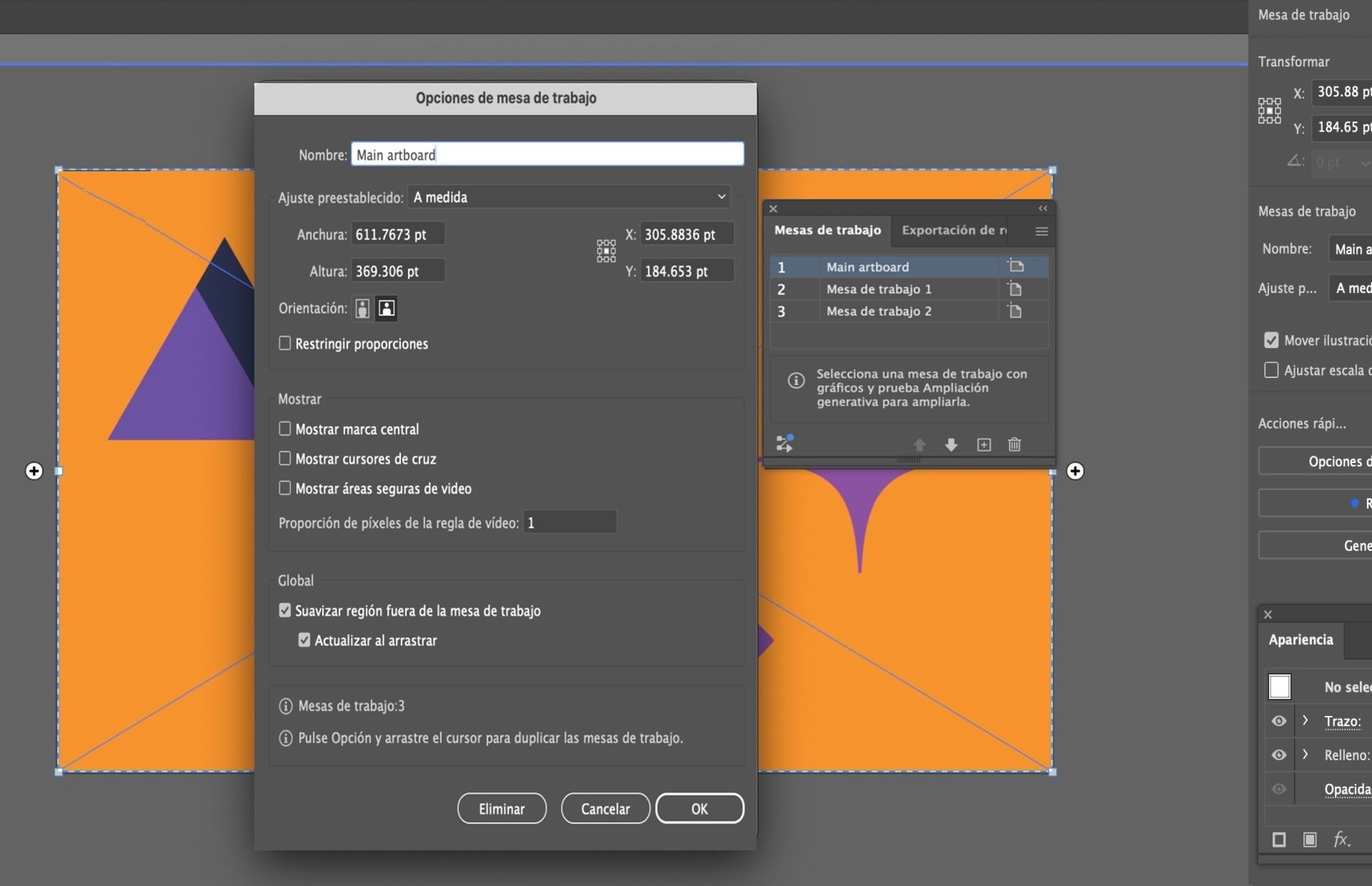 Cuadro de diálogo Opciones de mesa de trabajo en Illustrator con el campo de nombre cambiado a &quot;Mesa de trabajo principal&quot;.