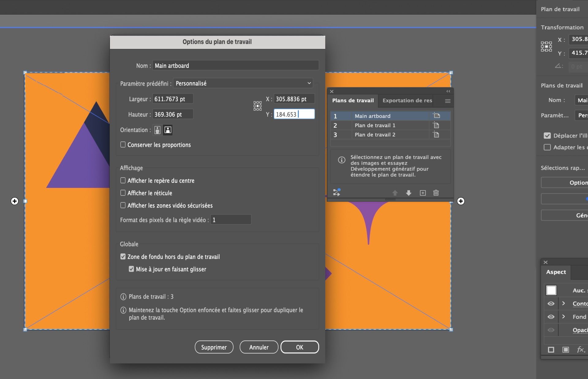 Boîte de dialogue Options du plan de travail dans Illustrator avec le champ de nom modifié en « Plan de travail principal ».