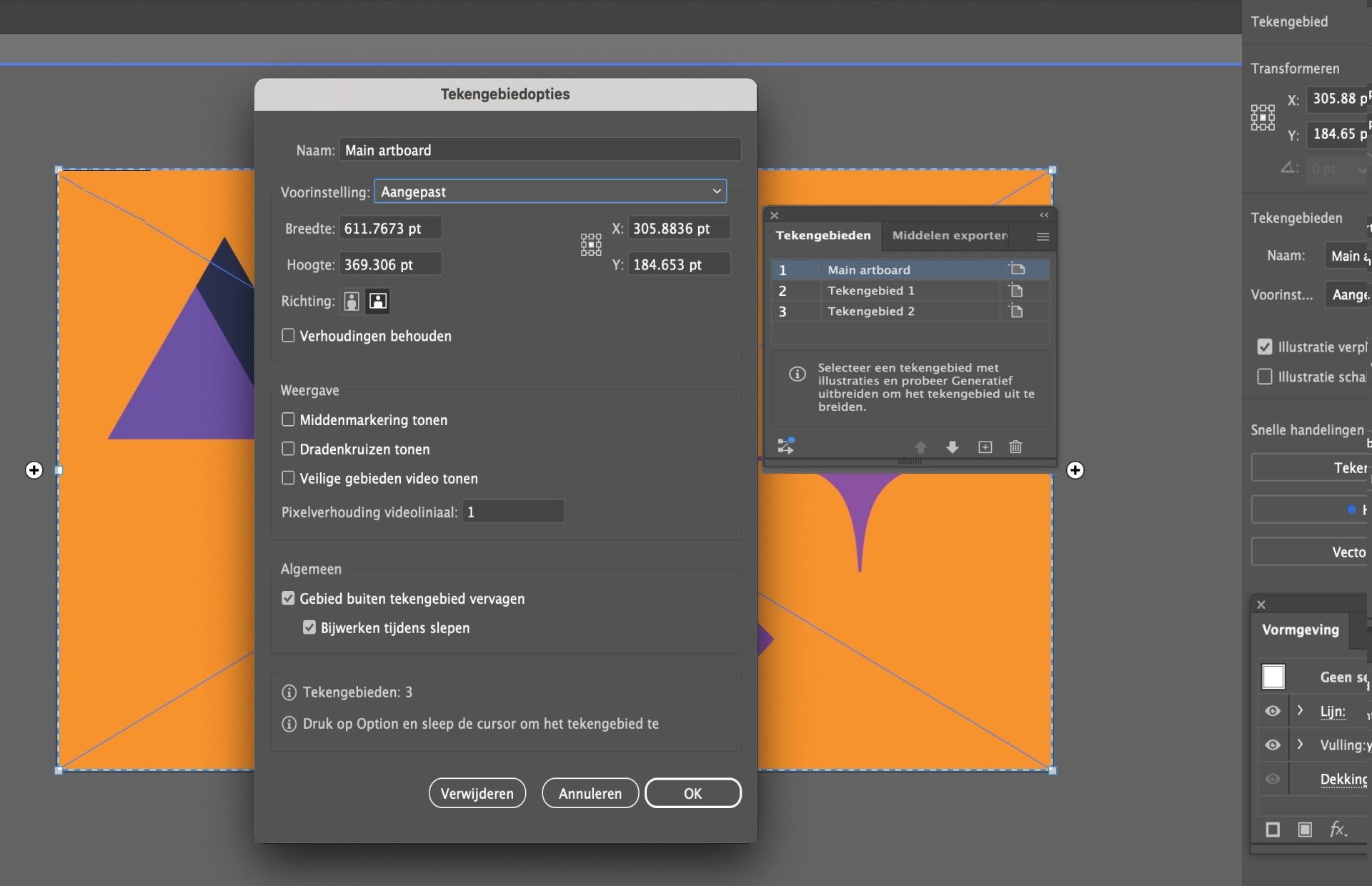 Dialoogvenster Tekengebiedopties in Illustrator met het naamveld gewijzigd in 'Hoofdtekengebied'.
