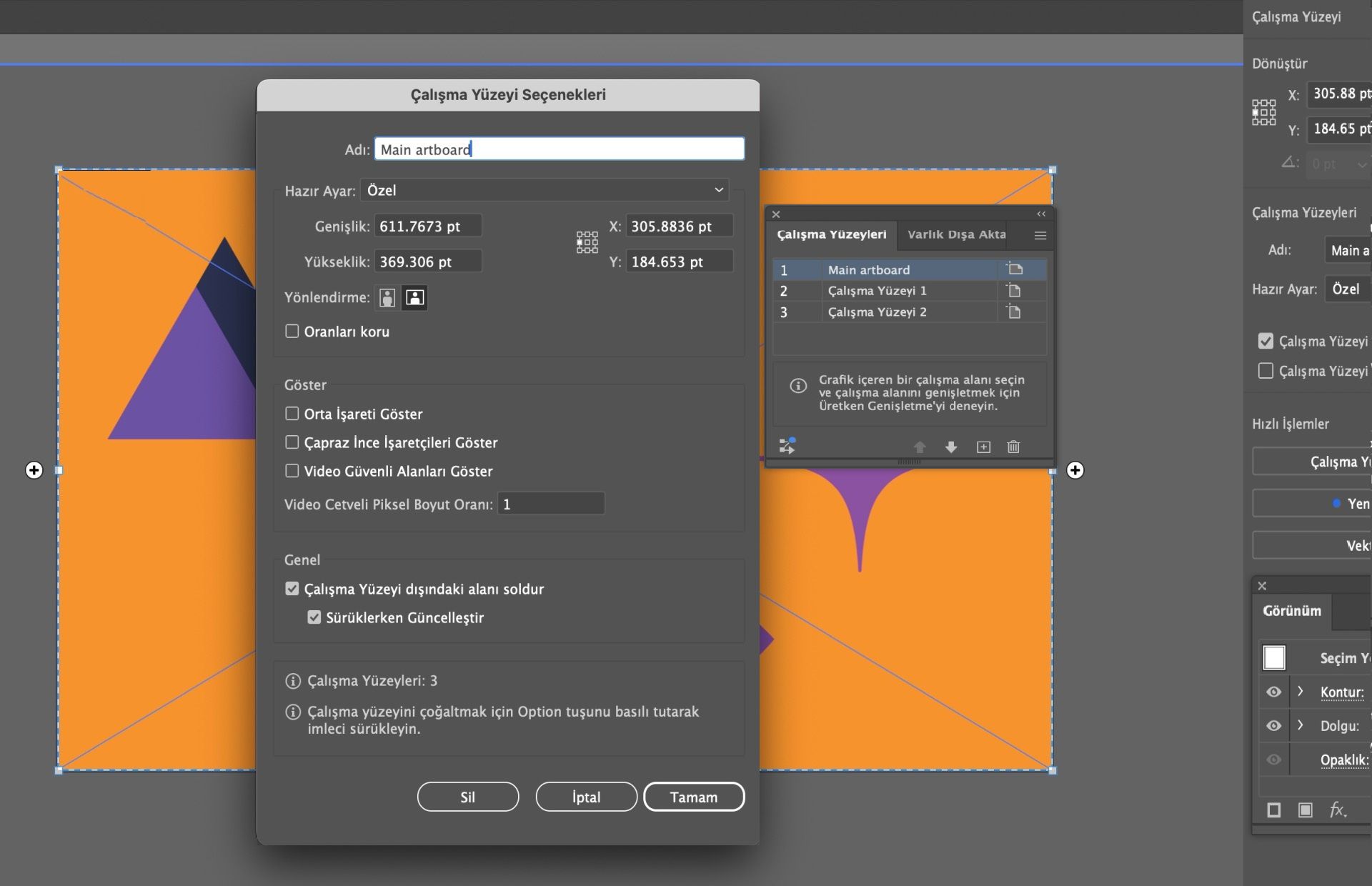 Illustrator'da Çalışma Yüzeyi Seçenekleri iletişim kutusunda ad alanı &quot;Ana Çalışma Yüzeyi&quot; olarak değiştirilmiş.