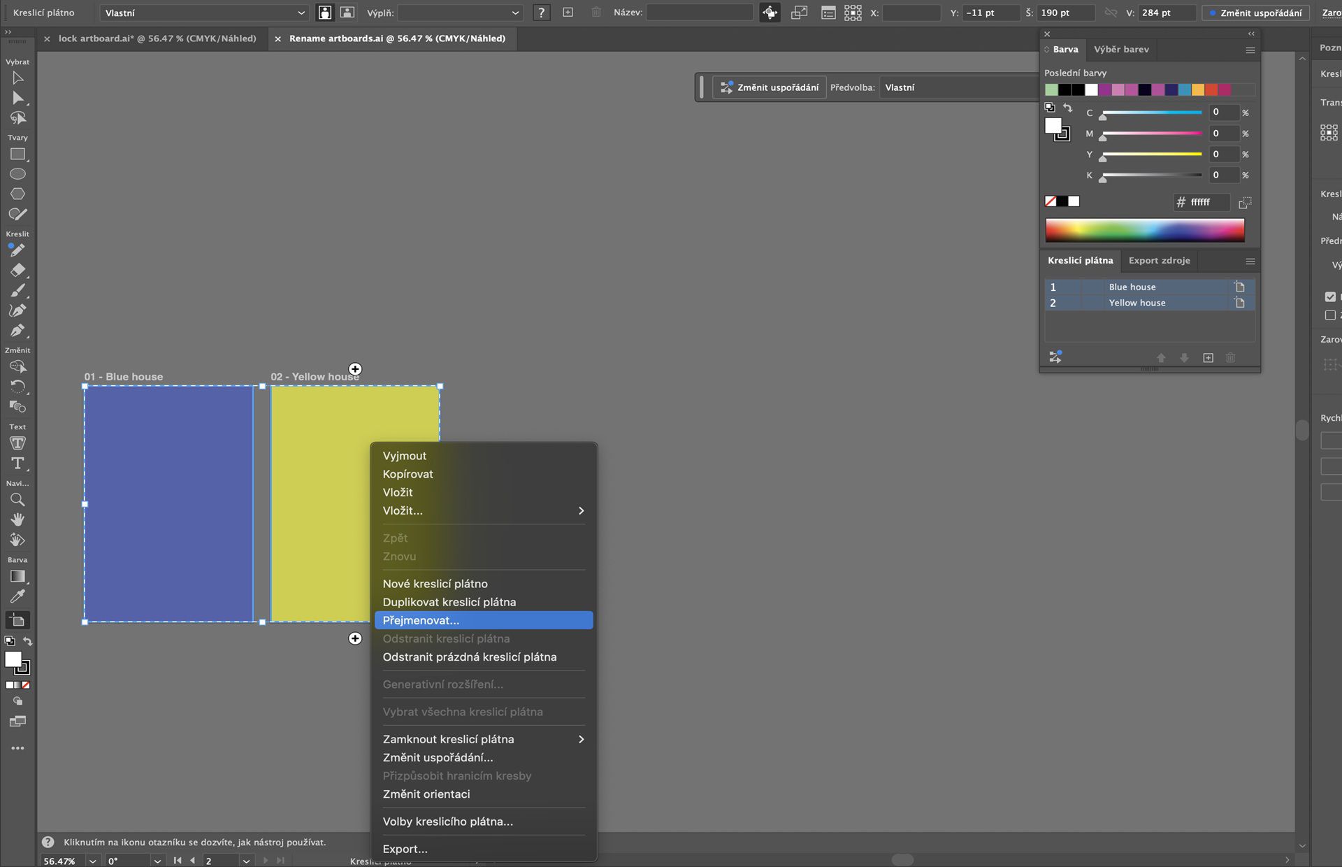 Kontextová nabídka kreslicího plátna v aplikaci Illustrator se zvýrazněnou možností přejmenování pro vybraná kreslicí plátna.