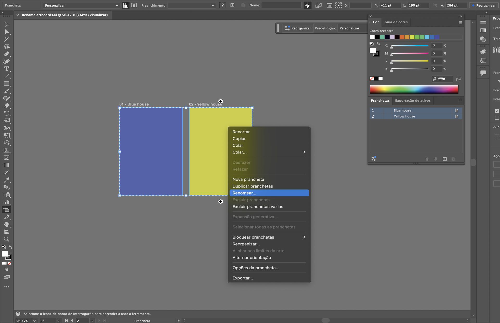 Menu de contexto da prancheta no Illustrator com a opção de renomear destacada para as pranchetas selecionadas.