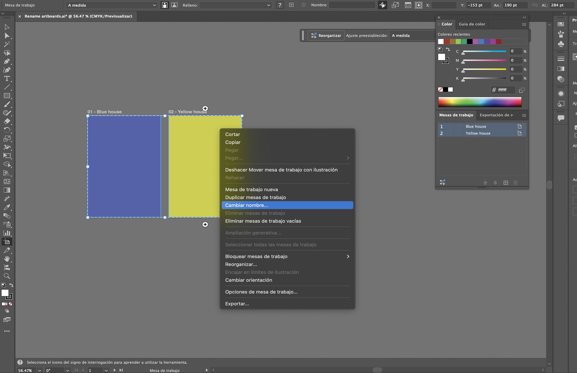 Menú contextual de mesa de trabajo en Illustrator con la opción de cambiar nombre resaltada para las mesas de trabajo seleccionadas.