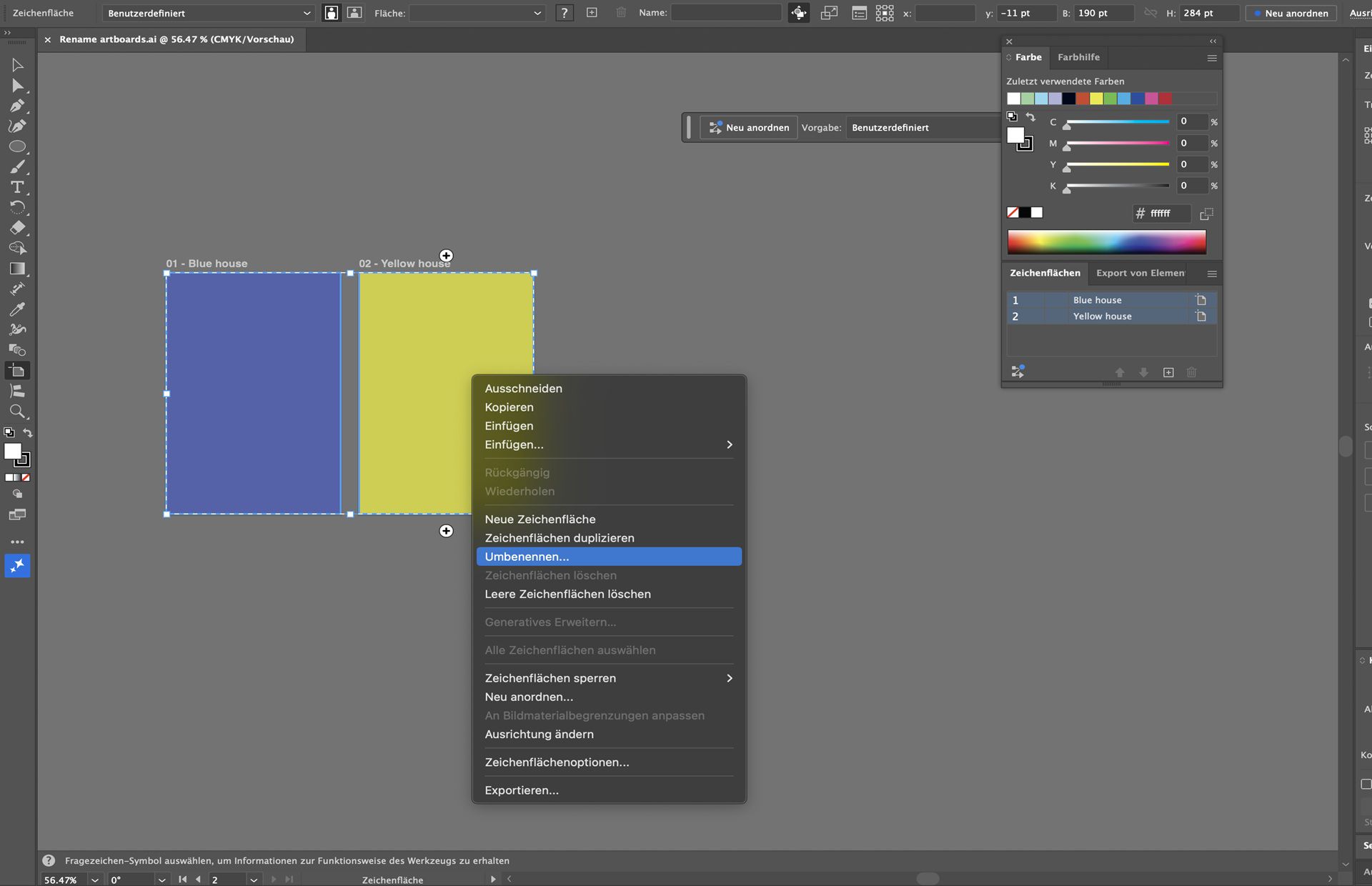 Zeichenflächen-Kontextmenü in Illustrator mit hervorgehobener Umbenennungsoption für ausgewählte Zeichenflächen.