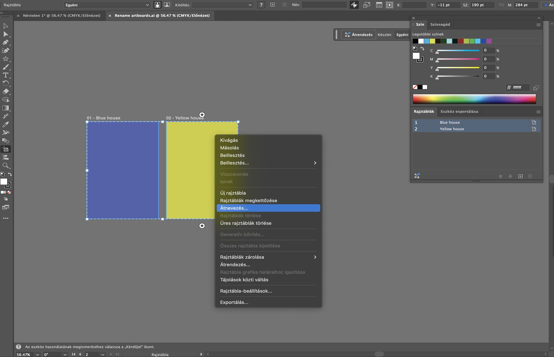 Rajztábla helyi menüje az Illustrator programban, ahol a kijelölt rajztáblák átnevezési opciója ki van emelve.