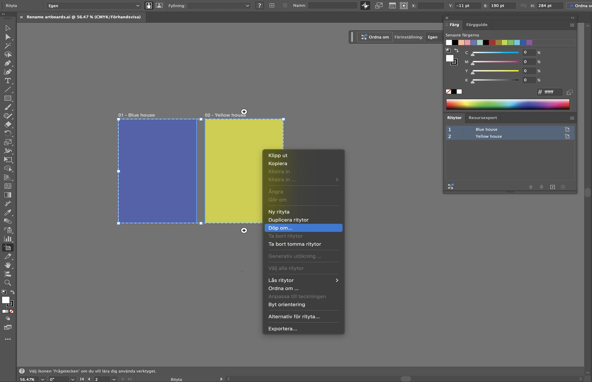 Ritytans snabbmeny i Illustrator med namnändringsalternativet markerat för valda ritytor.