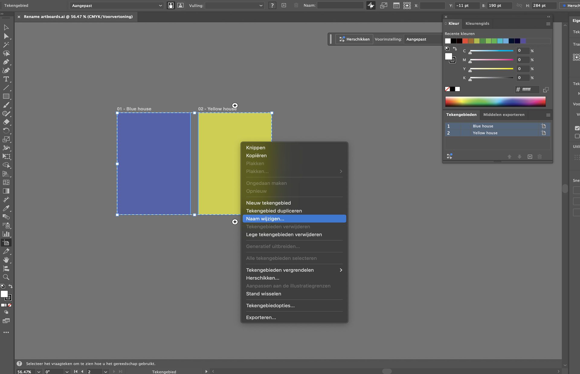 Contextmenu Tekengebied in Illustrator met de optie voor naam wijzigen gemarkeerd voor geselecteerde tekengebieden.