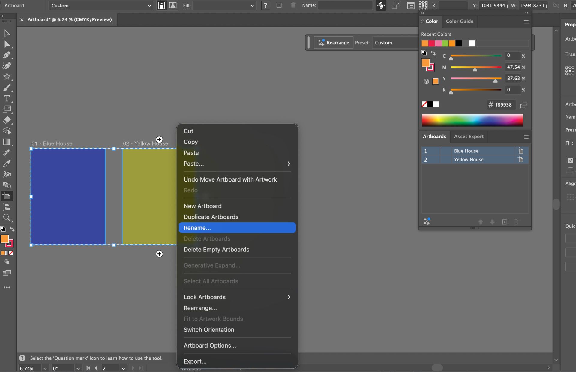 תפריט ההקשר של Artboard ב-Illustrator כאשר האפשרות לשינוי שם מודגשת עבור לוחות יצירה נבחרים.