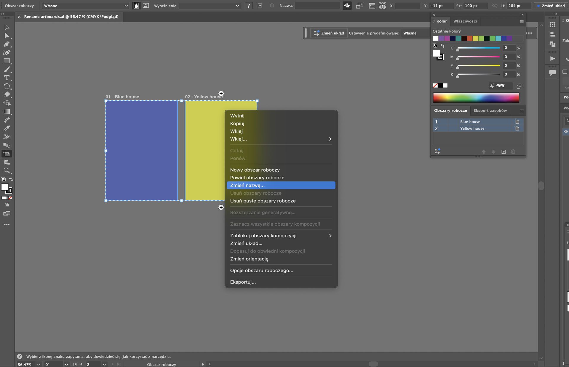 Menu kontekstowe obszaru kompozycji w programie Illustrator z podświetloną opcją zmiany nazwy zaznaczonych obszarów kompozycji.