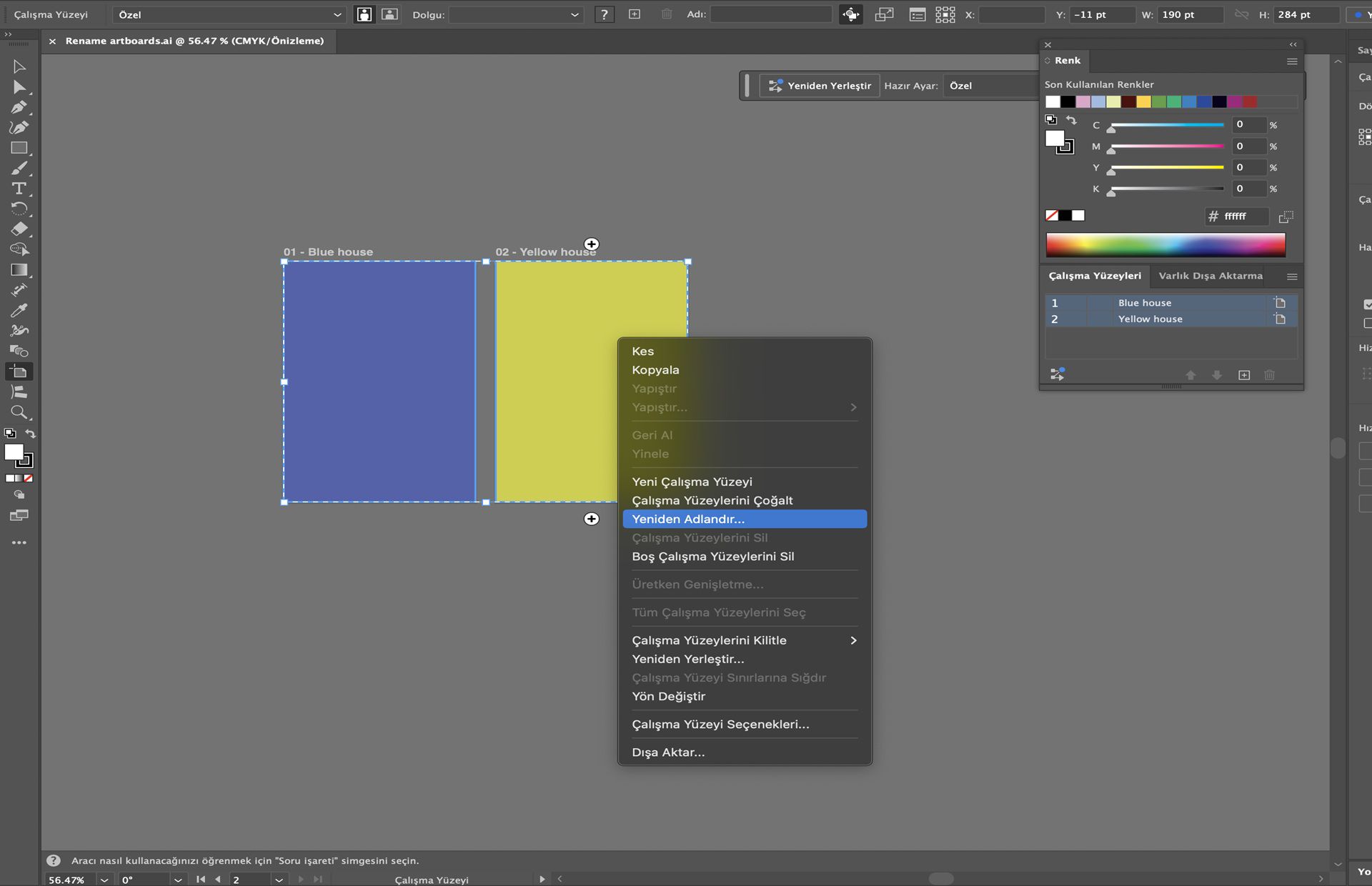 Seçili çalışma yüzeyleri için yeniden adlandırma seçeneğinin vurgulandığı Illustrator'daki çalışma yüzeyi bağlam menüsü.