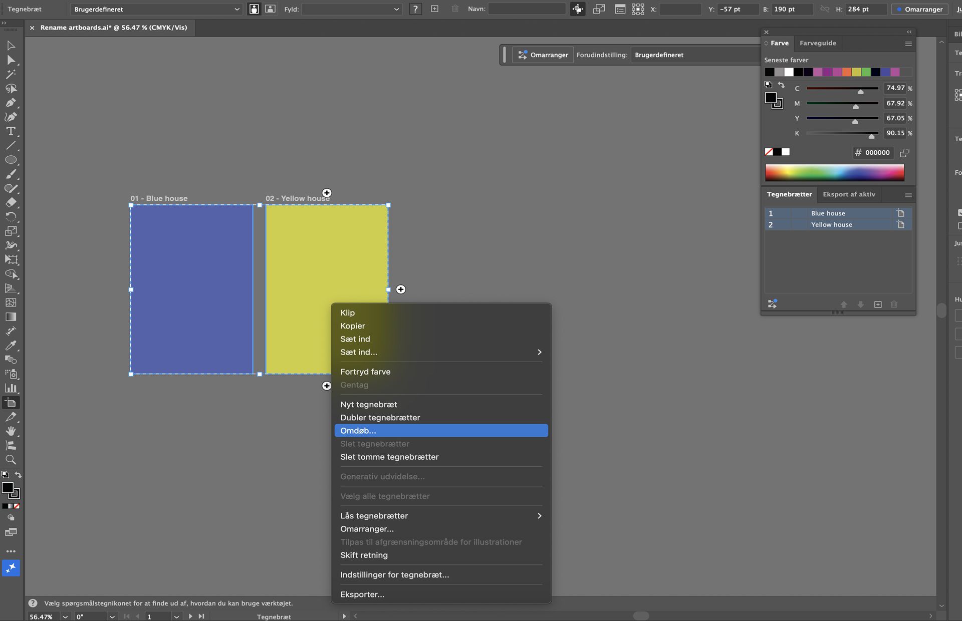 Tegnebrætsmenuen i Illustrator med omdøbningsfunktionen fremhævet for valgte tegnebrætter.