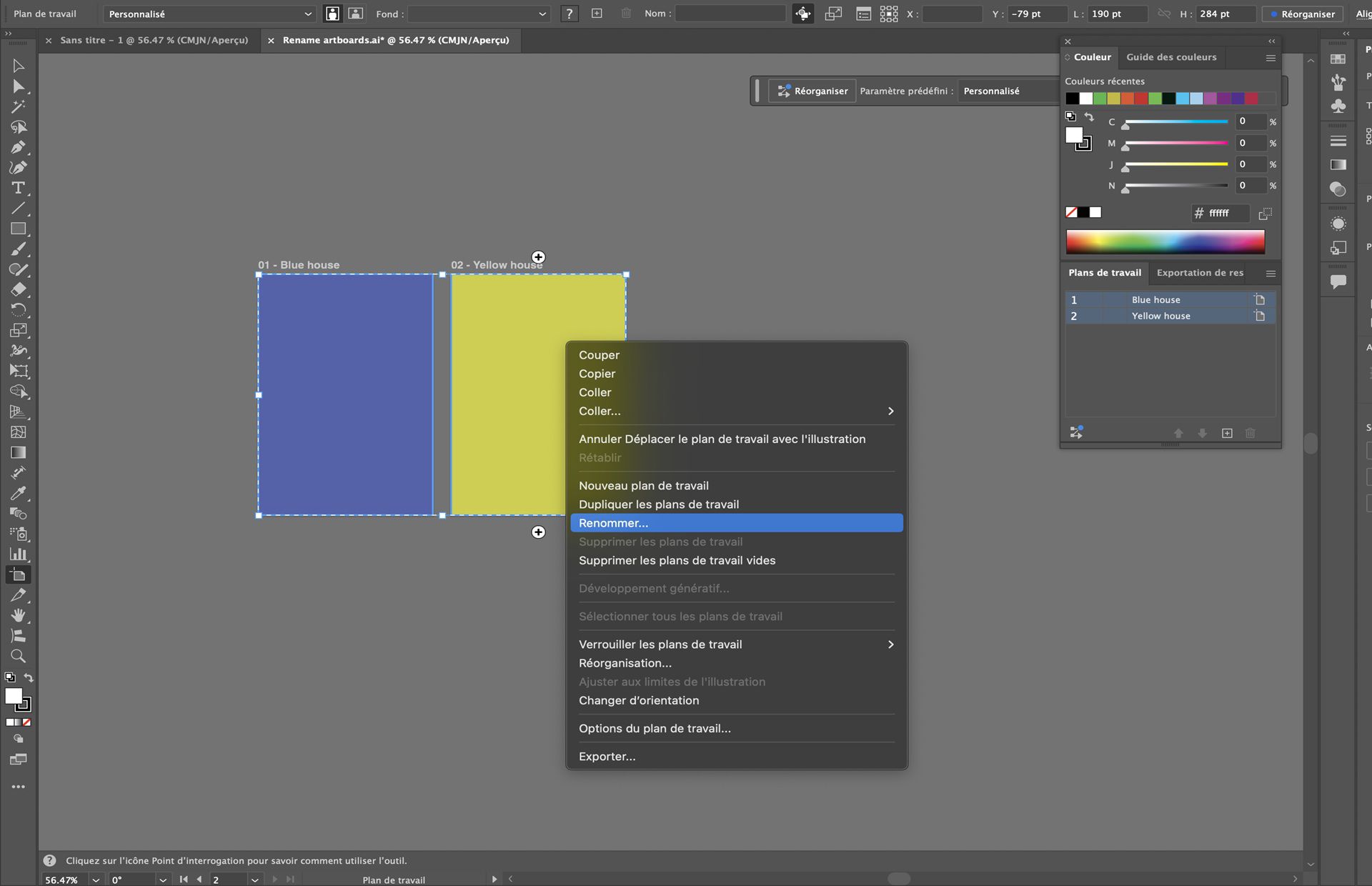 Menu contextuel du plan de travail dans Illustrator avec l’option de changement de nom mise en évidence pour les plans de travail sélectionnés.
