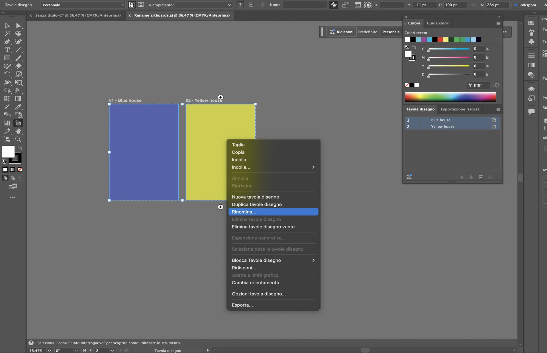 Menu contestuale della tavola disegno in Illustrator con l'opzione Rinomina evidenziata per le tavole disegno selezionate.