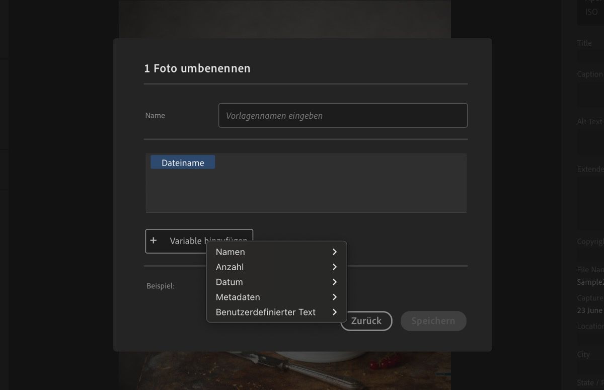Das Dialogfeld „Neue Vorlage erstellen“ mit Anzeige von Variablen, Namen und anderen Feldern.