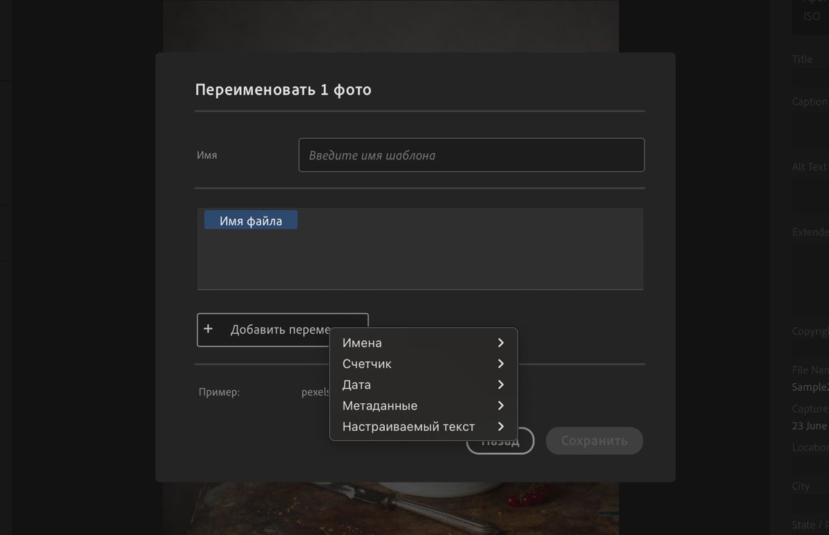 Диалоговое окно создания нового шаблона с отображением переменных, имен и других полей.
