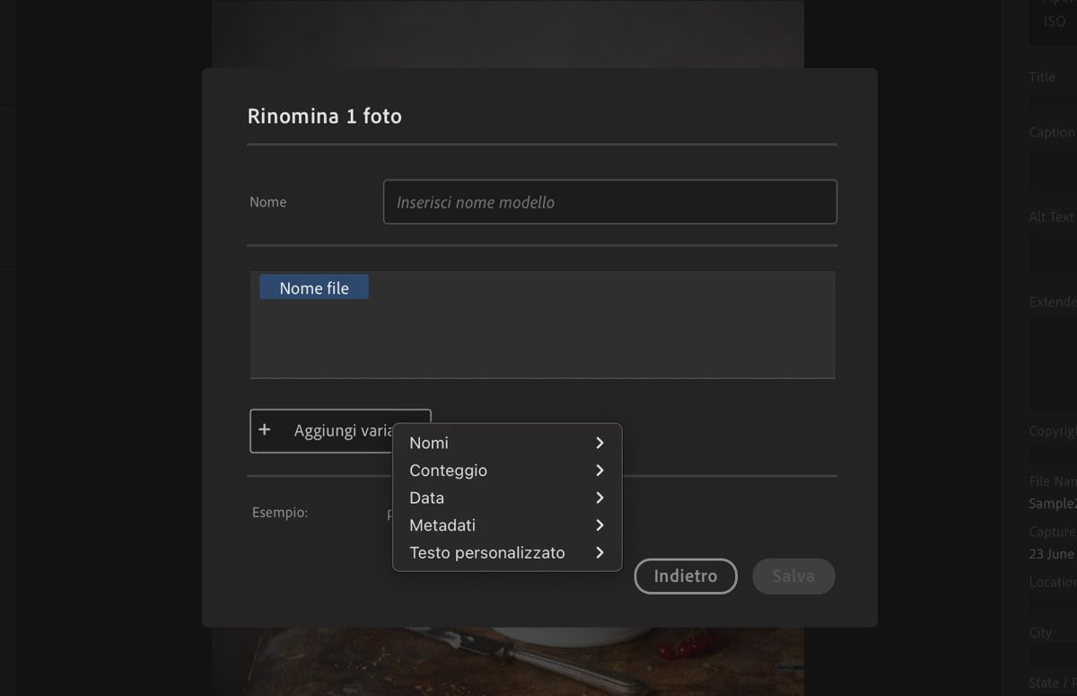 La finestra di dialogo Crea nuovo modello, che mostra variabili, nomi e altri campi.