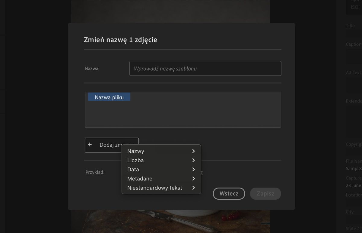 Okno dialogowe Utwórz nowy szablon, wyświetlające zmienne, nazwy i inne pola.