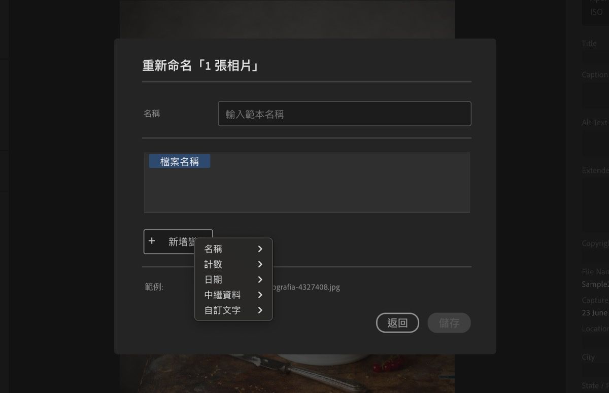 「建立新範本」對話框，顯示變數、名稱和其他欄位。