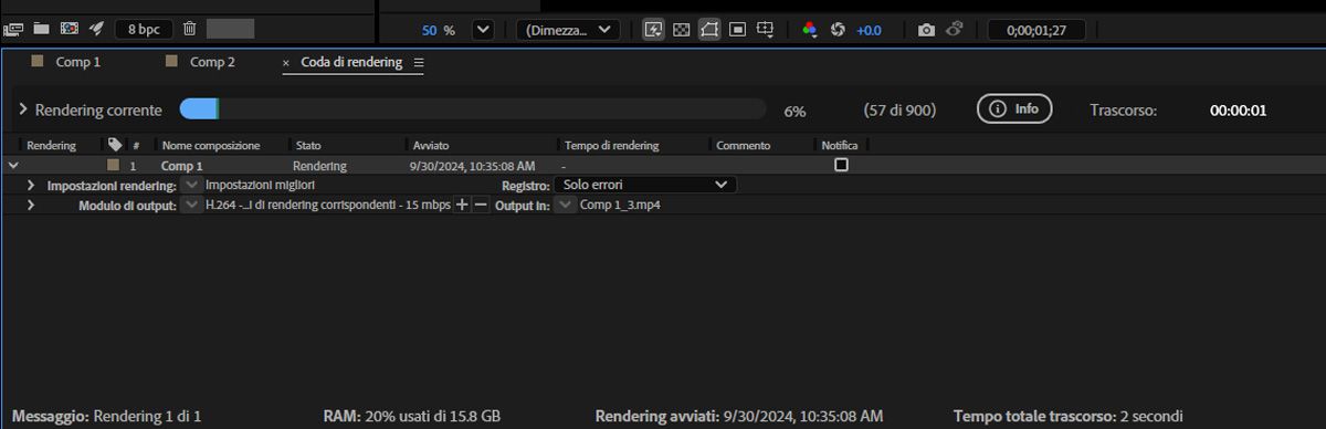 Il pannello Coda di rendering è aperto e le impostazioni vengono aggiornate in base ai requisiti dell’output finale.