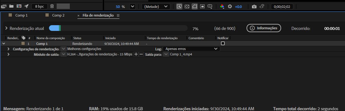 O painel Fila de renderização aberto e as configurações atualizadas de acordo com os requisitos da saída final.