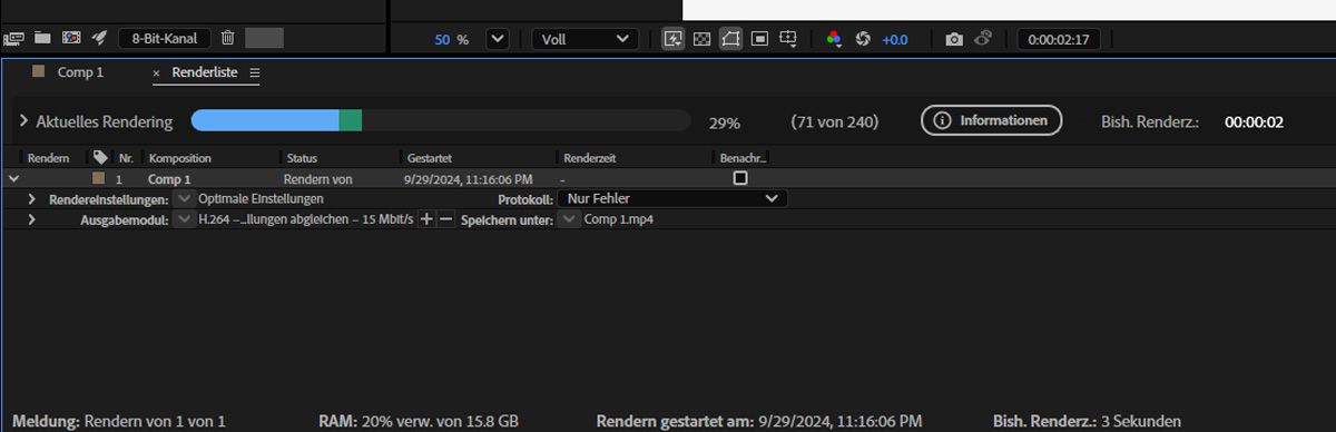 Das Bedienfeld „Renderliste“ ist geöffnet und die Einstellungen werden entsprechend den endgültigen Ausgabeanforderungen aktualisiert.