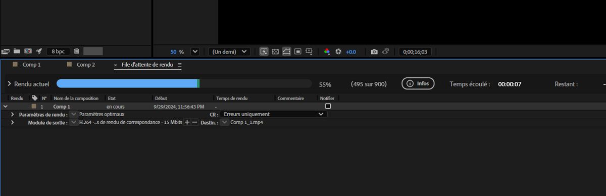 Panneau File dʼattente de rendu avec informations de rendu