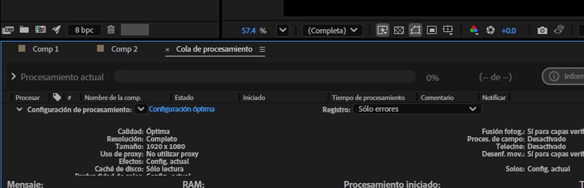 Se abre el menú Configuración de procesamiento y puede ver los detalles de los ajustes especificados para la composición.