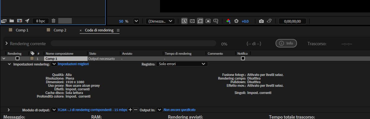 Il menu Impostazioni di rendering è aperto e puoi visualizzare i dettagli delle impostazioni specificate per la composizione.