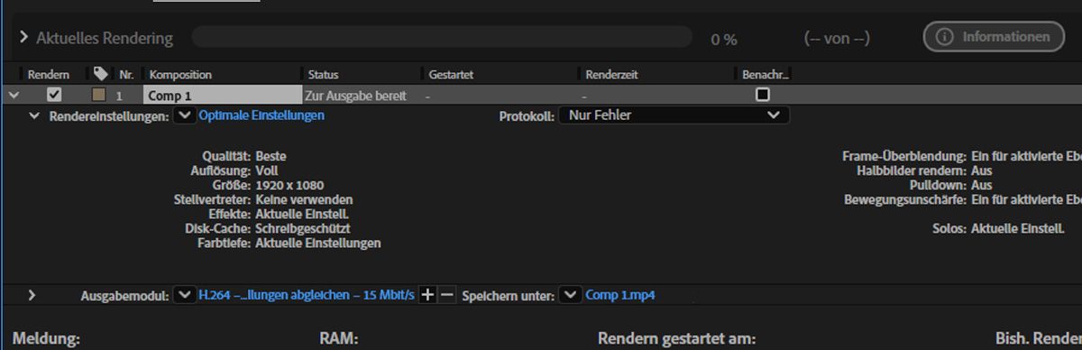 Das Menü „Rendereinstellungen“ wird geöffnet und du kannst die Details der für die Komposition festgelegten Einstellungen anzeigen.