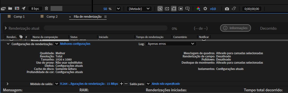 O menu Configurações de renderização aberto, com os detalhes das configurações especificadas para a composição.