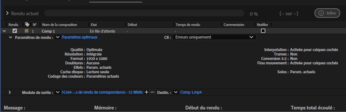 Le menu Paramètres de rendu est ouvert et vous pouvez voir les détails des paramètres spécifiés pour la composition.
