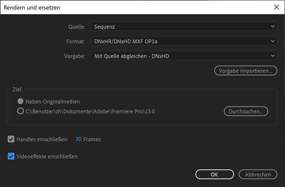 Auswählen des Formats und der Einstellungen für das Rendern der Sequenz
