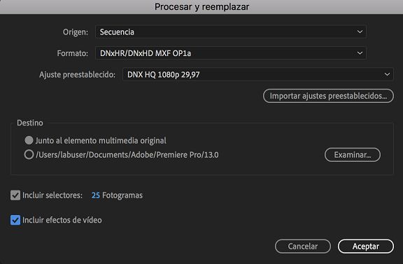 Elegir el formato y la configuración para procesar la secuencia