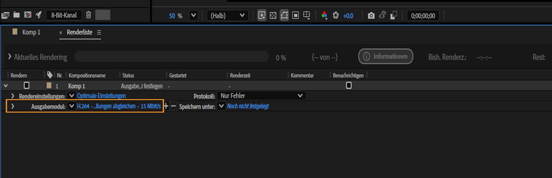 Das Ausgabemodul ist in der Render-Warteschlange hervorgehoben und auf den Standard H.264 - Render-Einstellungen anpassen - 15 Mbps eingestellt.