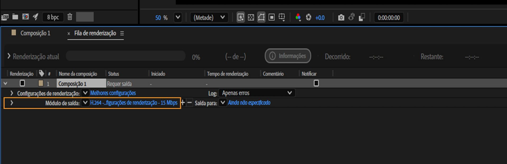 Módulo de saída destacado na fila de renderização, definido como padrão H.264 — corresponder às configurações de renderização — 15 Mbps.