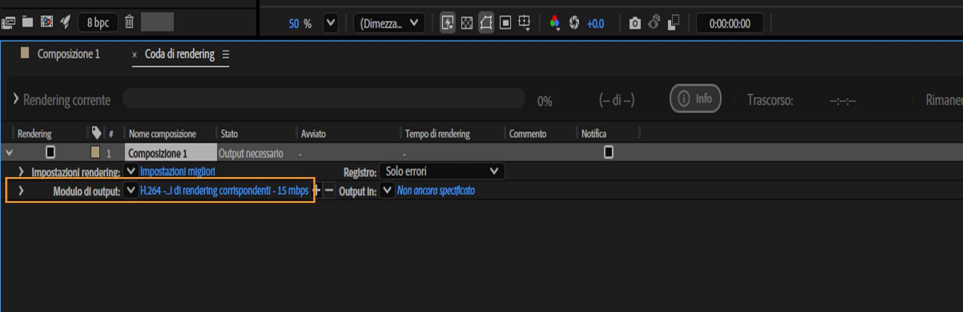 Modulo di output evidenziato nella coda di rendering, impostato sul valore predefinito H.264 - Corrispondenza Impostazioni di rendering - 15 Mbps.