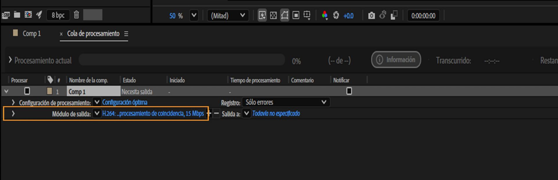 Módulo de salida resaltado en la Cola de procesamiento, establecido en el valor predeterminado H.264 - Coincidir configuración de renderizado - 15 Mbps.