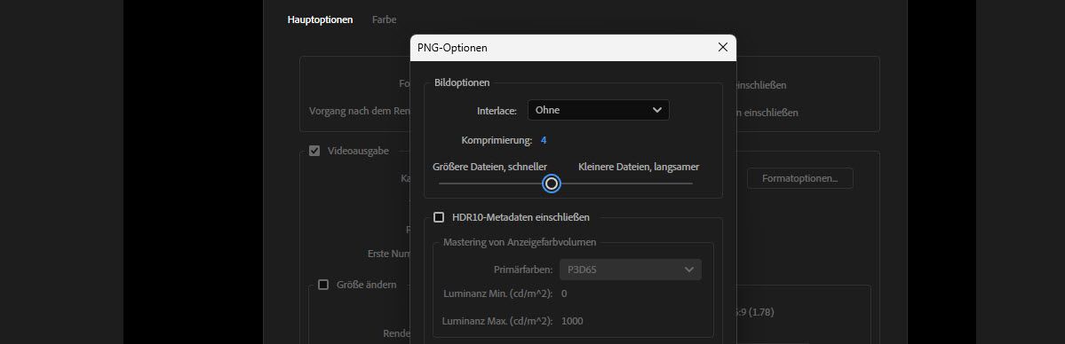 PNG-Optionen mit auf 4 festgelegter Komprimierung auf einem Regler zwischen größeren/schnelleren und kleineren/langsameren Dateien.