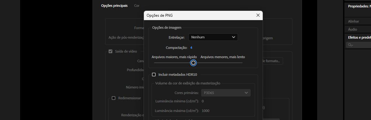 Opções PNG com compressão definida como quatro em um controle deslizante entre arquivos maiores/mais rápidos e menores/mais lentos.