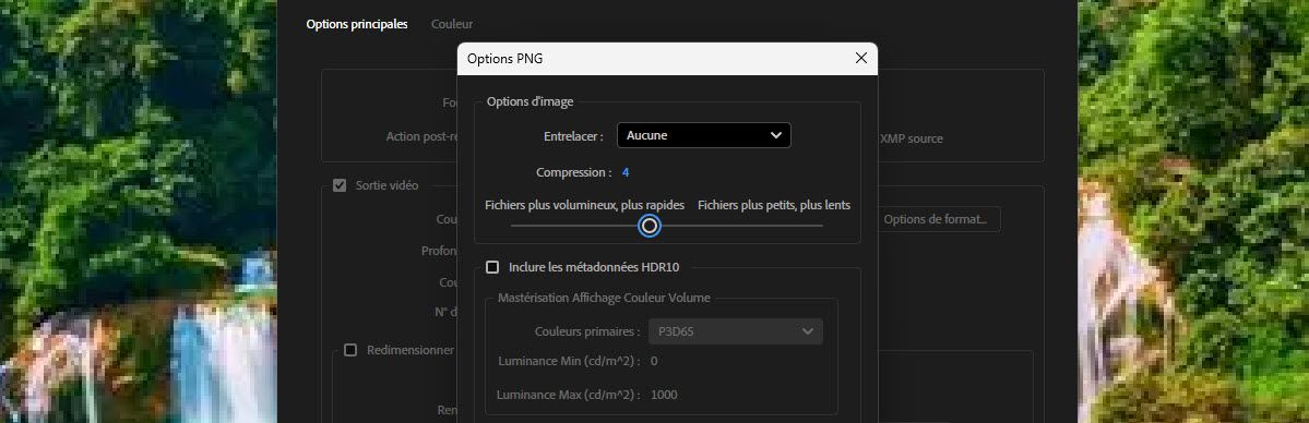 Options PNG avec compression définie à 4 sur un curseur entre des fichiers plus volumineux/rapides et plus petits/lents.