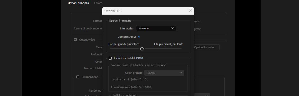 Opzioni PNG con Compressione impostata su 4 su un cursore tra file più grandi/veloci e più piccoli/lenti.